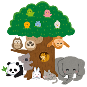 大きな木に集まった動物たちのイラスト